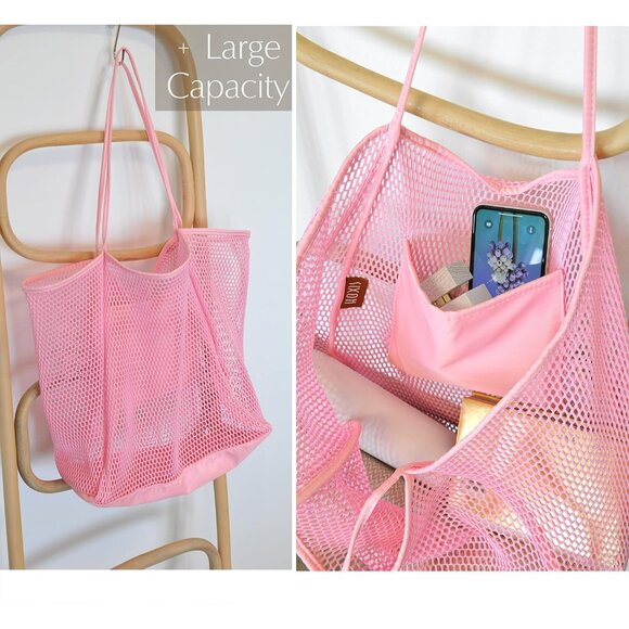 Women's Pink Mesh Beach Nylon & Polyester No-closure Tote Shoulder Handbag - Picture 3 of 6